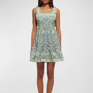 Shoshanna Smocked Mini Dress Green Blue Floral Women's 8 garden boho cottage